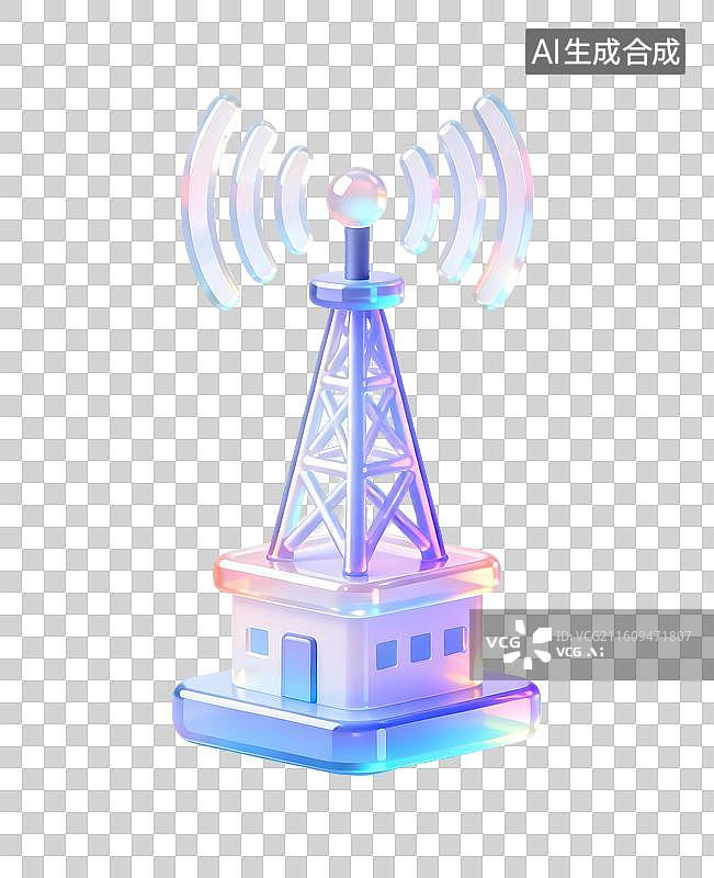 【AI数字艺术】AIGC：3D玻璃材质果冻风格 无线信号塔，无线电波，网上冲浪，科技元素，免抠图图片素材