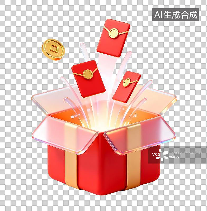 【AI数字艺术】AIGC：3D玻璃材质 果冻风格 打开的红色礼盒 红包金元宝 ，购物节年货节，金融理财，促销活动，图片素材