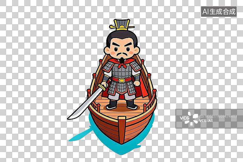 【AI数字艺术】卡通风格，手拿宝剑，站在船头的三国历史人物，孙权PNG格式的免扣元素图片素材