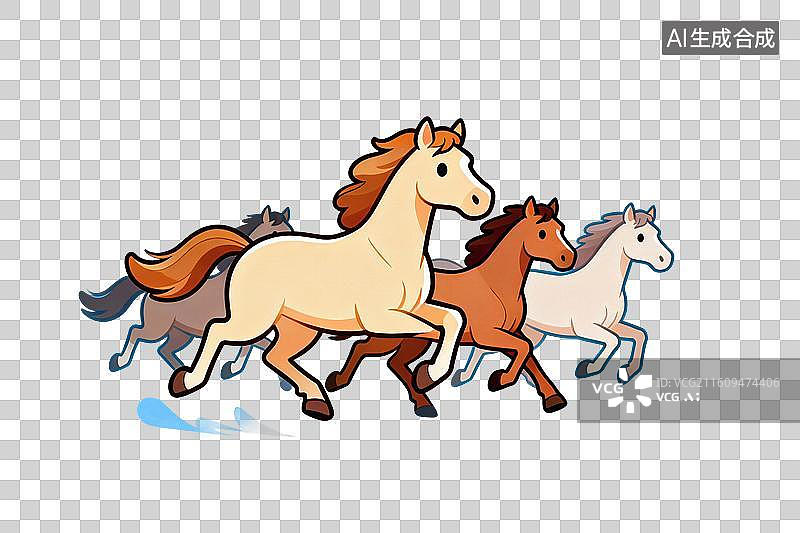 【AI数字艺术】卡通风格，几匹奔跑的骏马PNG格式的免扣元素图片素材