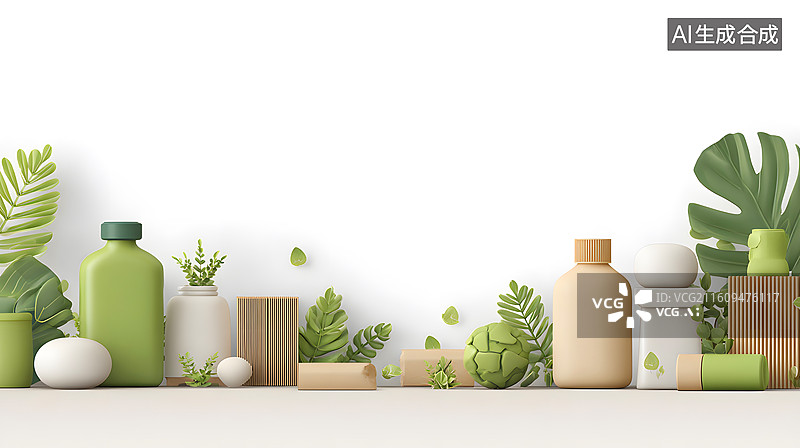 【AI数字艺术】绿植与瓶罐环保概念背景图片素材