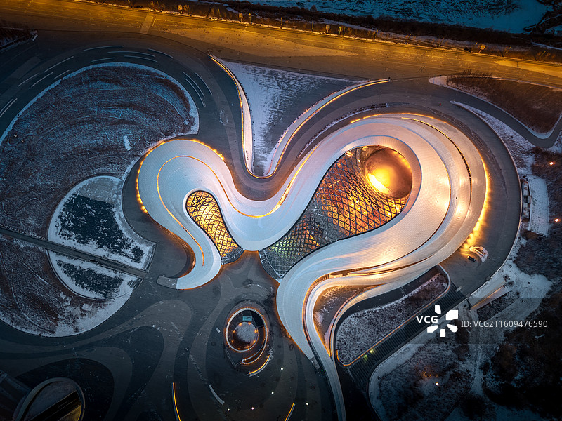 哈尔滨大剧院夜景晚霞航拍图片素材