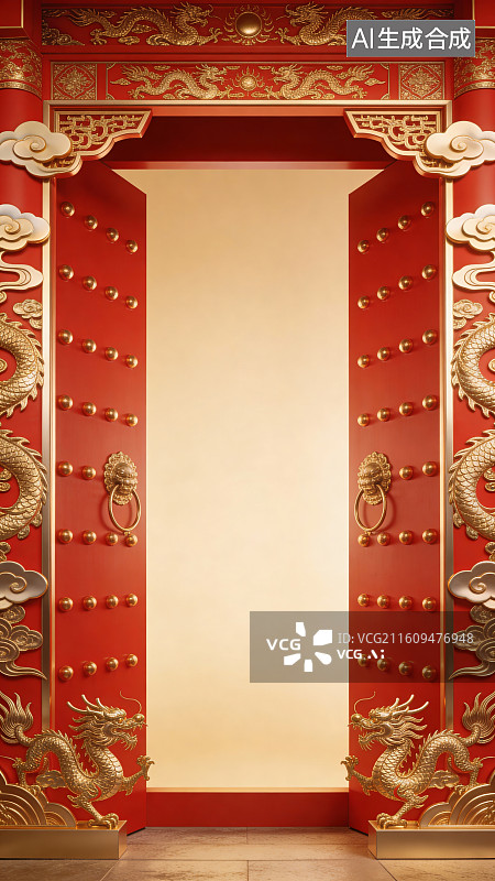 【AI数字艺术】新年中式红金大门喜庆装饰背景素材图片素材