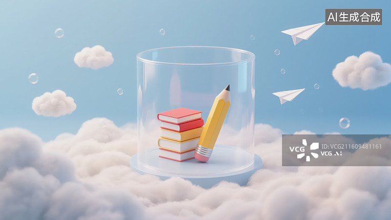 【AI数字艺术】浅蓝色背景下卡通透明玻璃材质圆柱体容器内有书本铅笔和纸飞机，云端学习用品教育机构知识素质场景图片素材