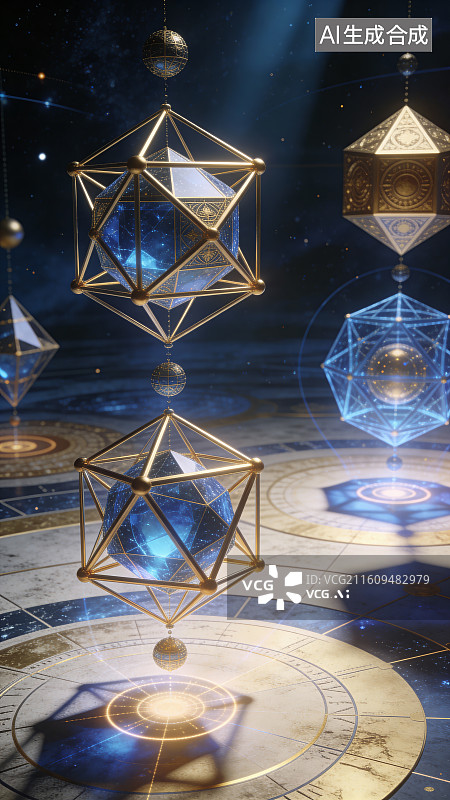 【AI数字艺术】蓝金神秘多面体奇幻装饰背景素材图片素材