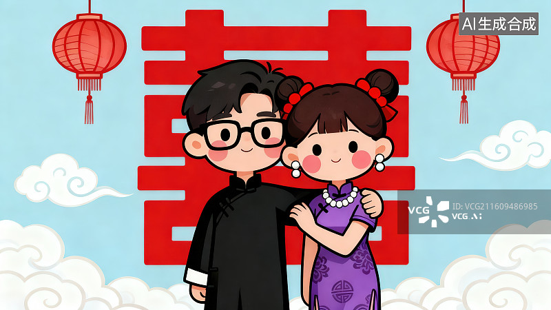 【AI数字艺术】蓝色背景云雾中悬挂着灯笼在巨大双喜囍字前的中式传统婚礼卡通新人新婚情侣搂着肩抱着腰姿势动作图片素材