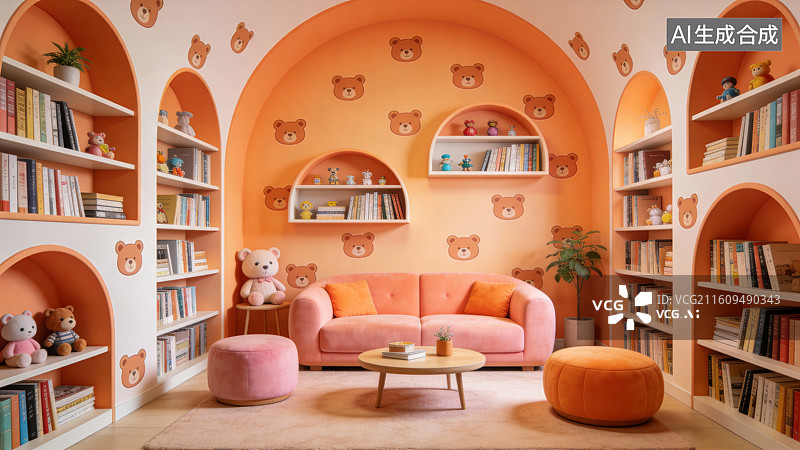 【AI数字艺术】橙色主题书屋与沙发区图片素材