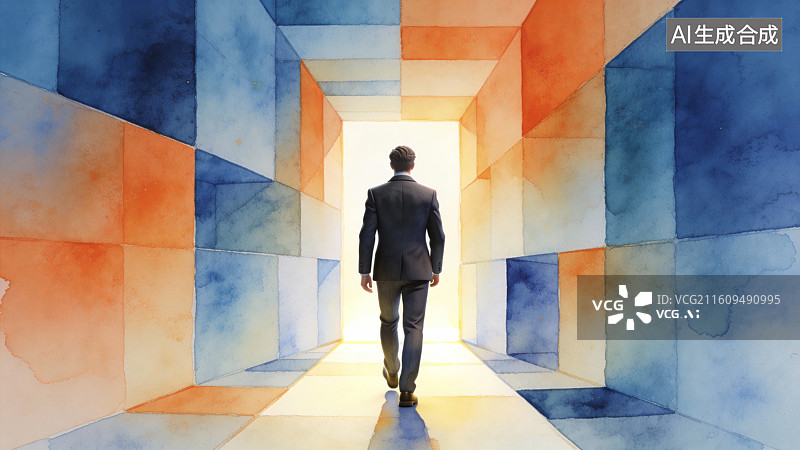 【AI数字艺术】男子走向光亮的彩色通道图片素材