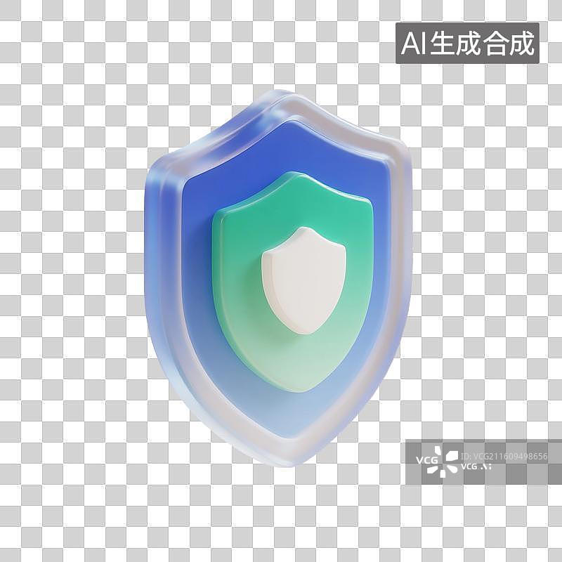 【AI数字艺术】3D渲染，蓝色透明磨砂玻璃质感，盾，盾牌，图形图标免抠元素图片素材