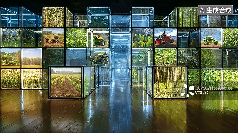 【AI数字艺术】展示农业画面的玻璃展厅图片素材