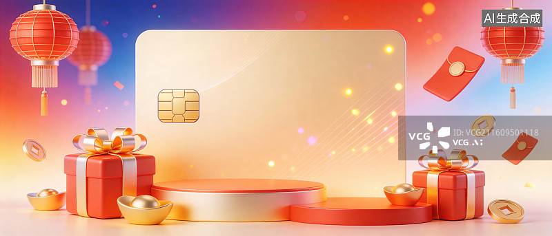 【AI数字艺术】新春金融卡红金喜庆促销装饰背景素材图片素材