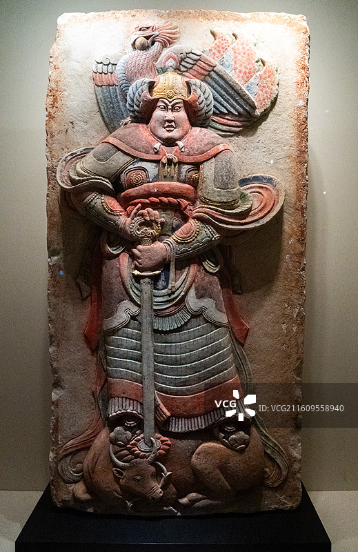 北京国家博物馆基本陈列彩绘浮雕武士石刻 后梁(公元907年-923年)1994年河北曲阳王处直墓出土图片素材