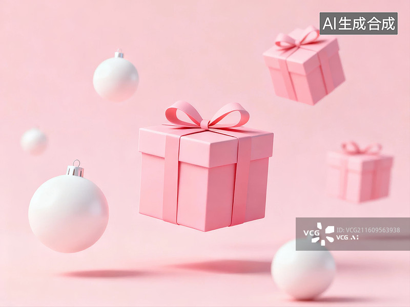 【AI数字艺术】粉色礼盒与白色球体悬浮场景图片素材