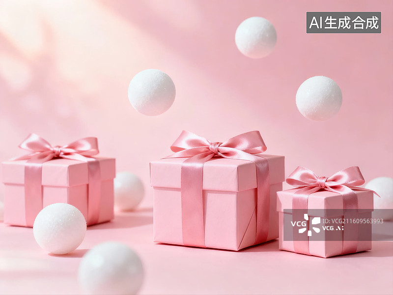 【AI数字艺术】粉色礼盒与飘浮白球图片素材