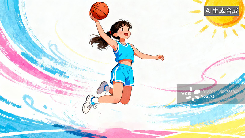 【AI数字艺术】女孩跳起投篮瞬间图片素材