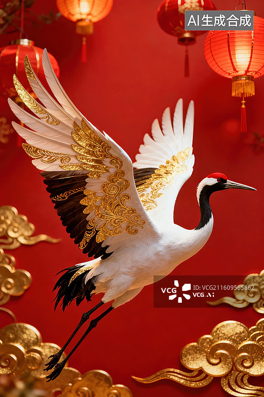 【AI数字艺术】红底金鹤飞舞图图片素材