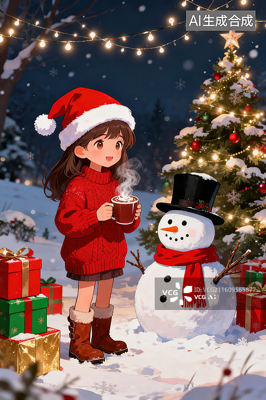 【AI数字艺术】女孩与雪人共度圣诞夜图片素材