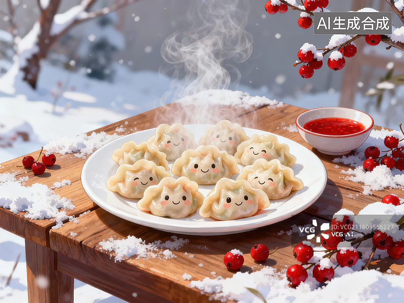 【AI数字艺术】雪中热腾腾的笑脸饺子图片素材