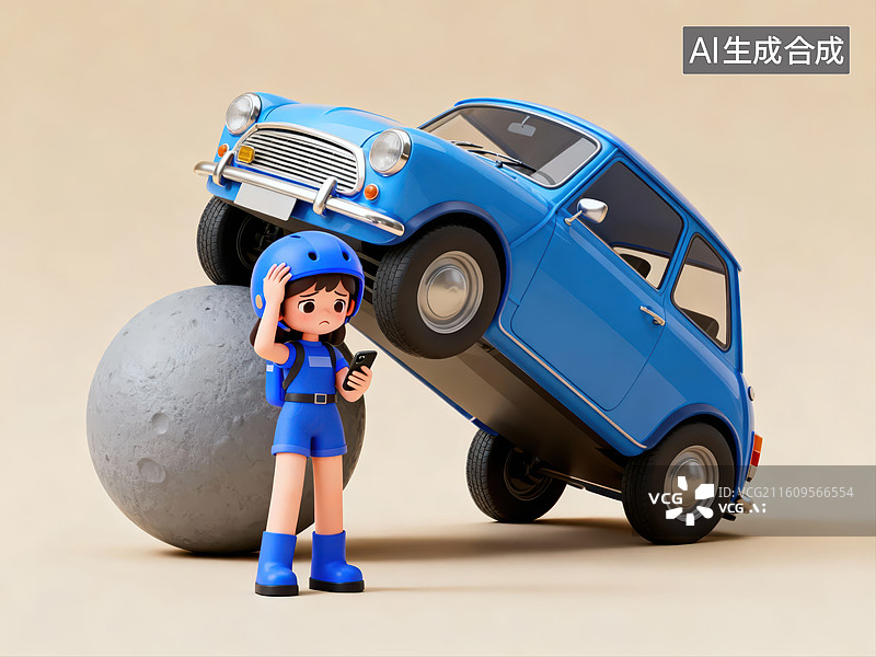 【AI数字艺术】蓝色小人与倾斜汽车模型图片素材