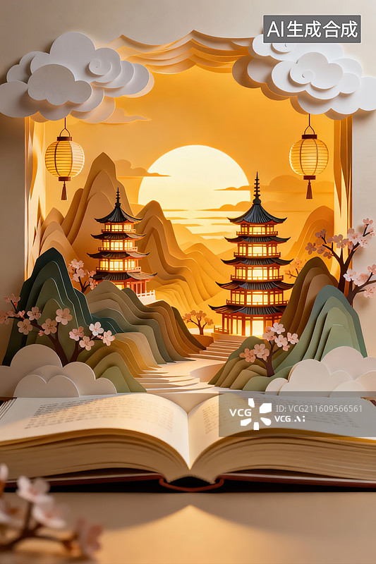 【AI数字艺术】书页中的东方山水画卷图片素材