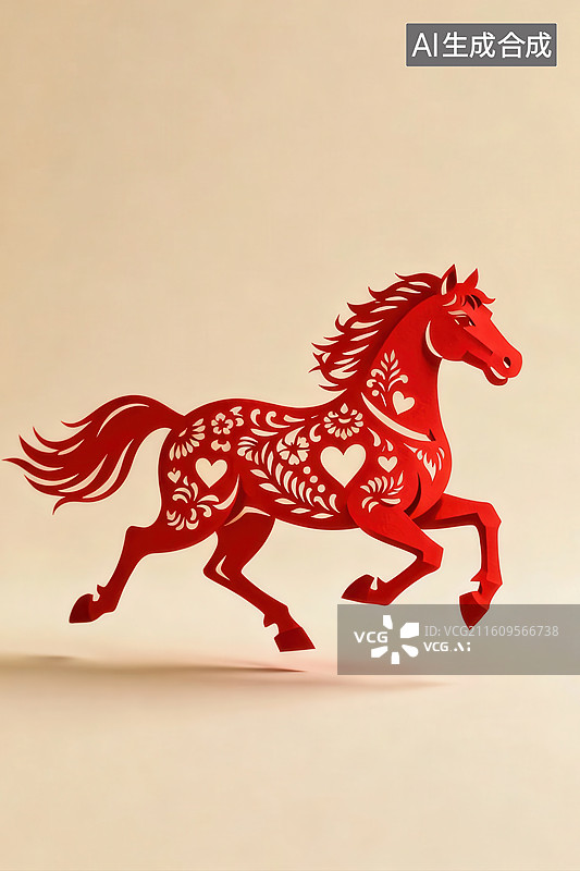 【AI数字艺术】红色剪纸奔马图案图片素材