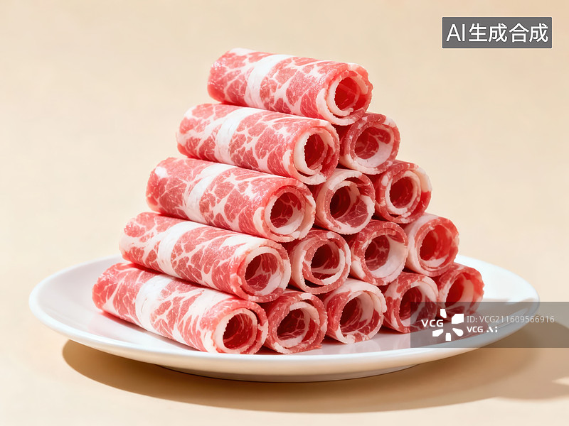 【AI数字艺术】卷状牛肉片堆叠于盘中图片素材