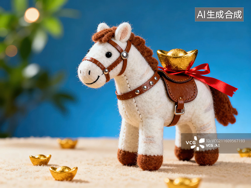 【AI数字艺术】毛绒马玩具配金元宝图片素材