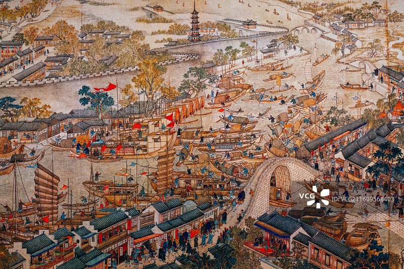 扬州中国大运河博物馆藏《姑苏繁华图》长卷，江南古代城市风貌纪实图片素材