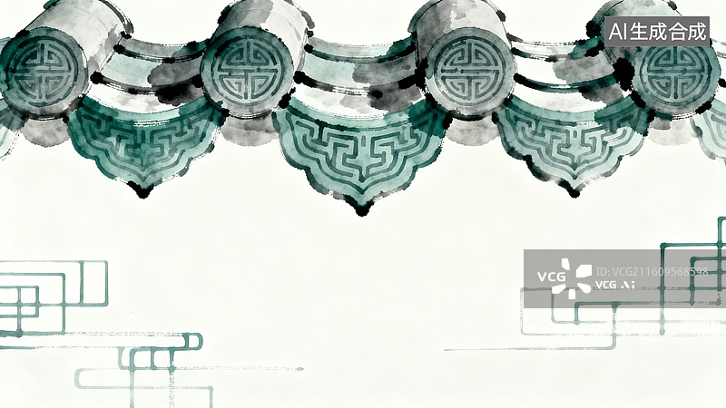 【AI数字艺术】青灰瓦当国风水墨古建筑背景图片素材