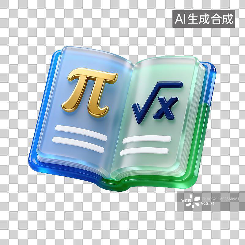 【AI数字艺术】3D磨砂玻璃材质教育主题数学课打开的教科书上π和平方根符号元素图片素材