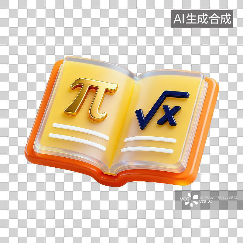 【AI数字艺术】3D磨砂玻璃材质教育主题数学课打开的教科书上π和平方根符号元素图片素材