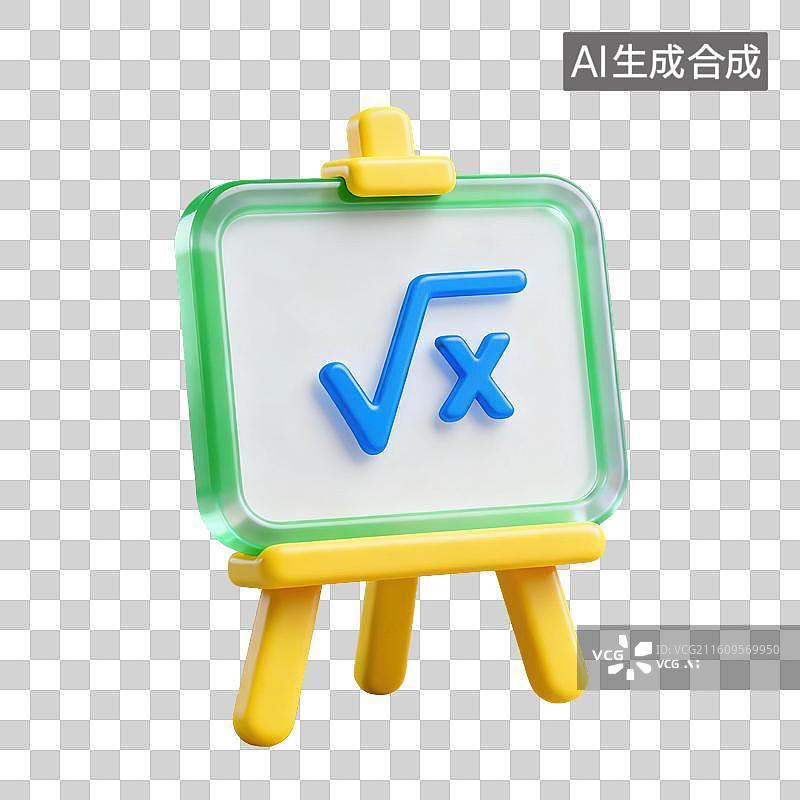 【AI数字艺术】3D磨砂玻璃材质教育主题数学课带有平方根符号的白板在画架上元素图片素材