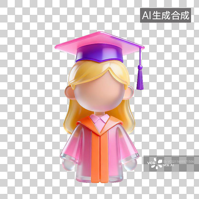 【AI数字艺术】3D磨砂玻璃材质教育主题戴学士帽穿学士服的毕业生学位授予元素图片素材
