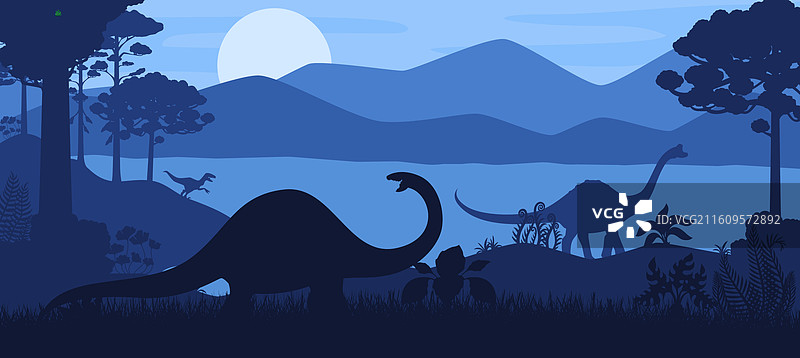 夜晚河流中史前恐龙的剪影图片素材