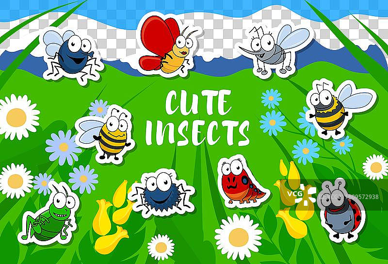 卡通可爱有趣的昆虫角色贴纸包图片素材