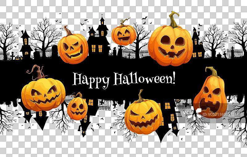 颓废风格的万圣节横幅，废弃小镇，南瓜图片素材