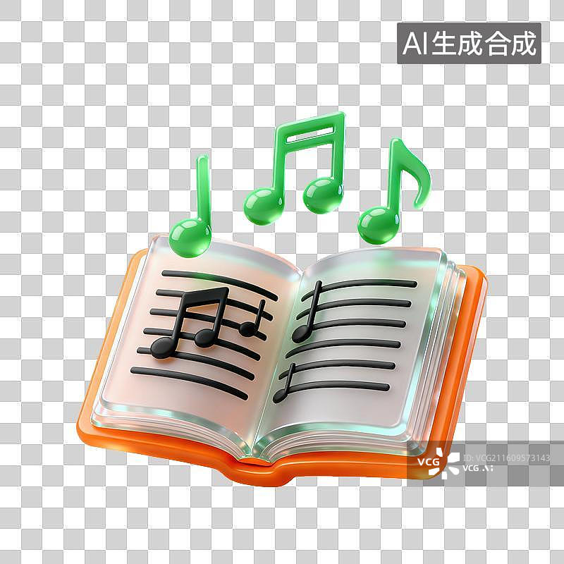 【AI数字艺术】3D磨砂玻璃材质教育主题打开的教科书音乐五线谱跳动的音符元素图片素材