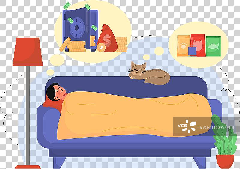 男孩和猫在梦幻乐园，小学生在睡觉图片素材