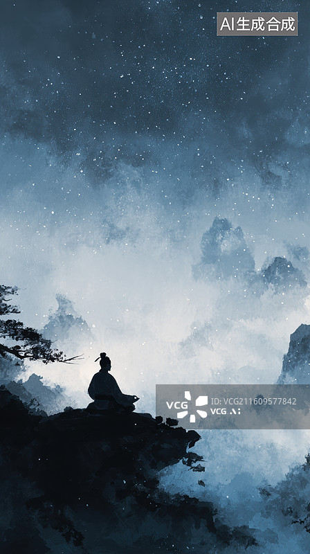 【AI数字艺术】夜雾山巅静坐剪影图片素材