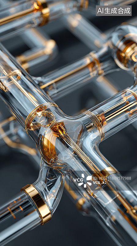 【AI数字艺术】透明管道与金色接头的结构图片素材