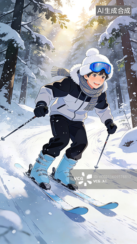 【AI数字艺术】男孩雪林滑雪场景图片素材