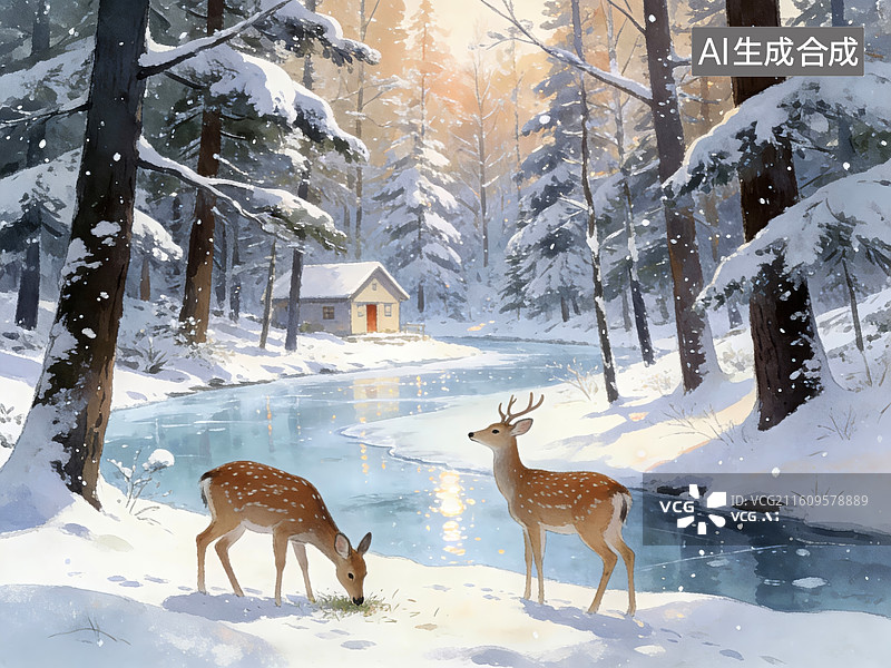 【AI数字艺术】冬日森林河畔的鹿与小屋图片素材