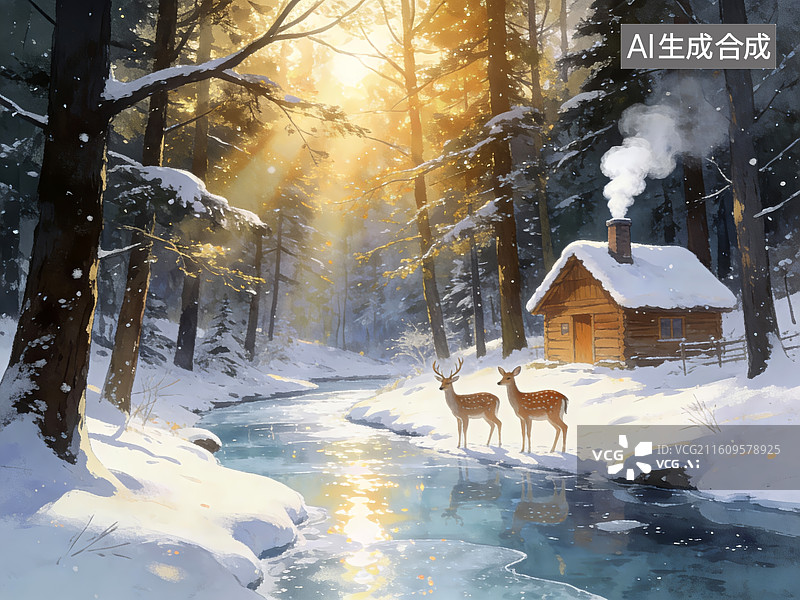 【AI数字艺术】冬日森林河畔的鹿与小屋图片素材