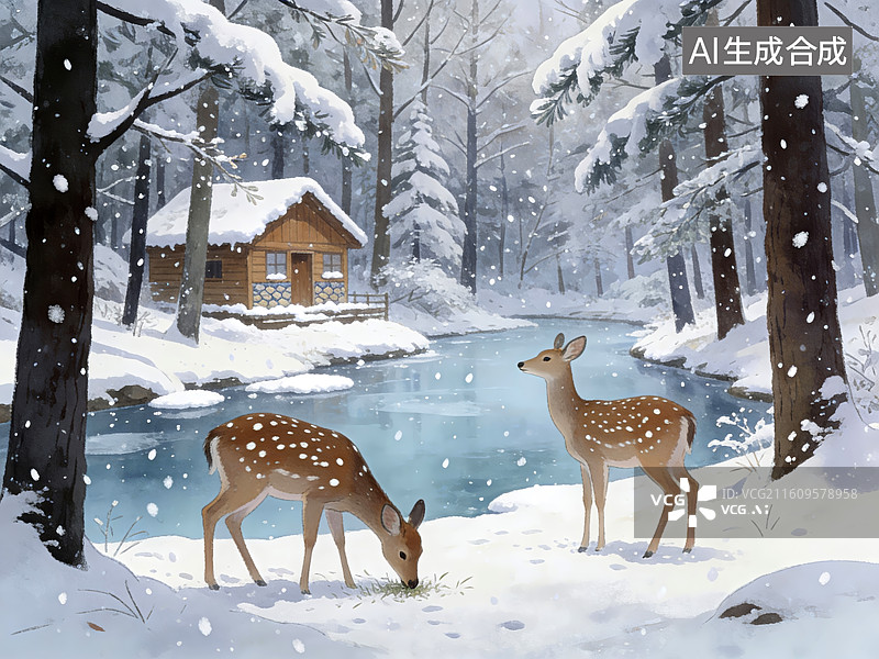 【AI数字艺术】冬日森林河畔的鹿与小屋图片素材