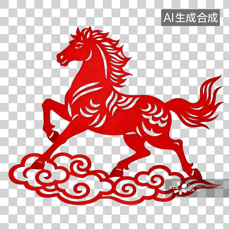 【AI数字艺术】红色祥云骏马剪纸艺术图片素材