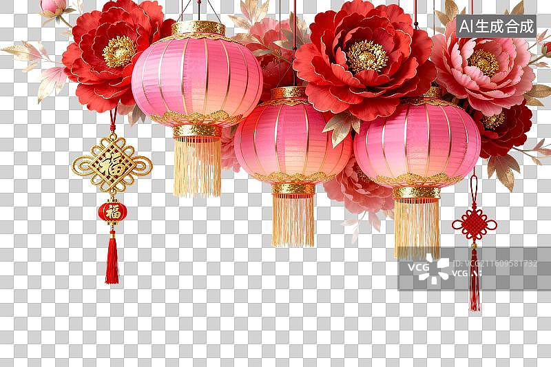 【AI数字艺术】粉色灯笼与牡丹花装饰组合图片素材