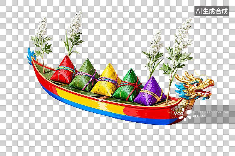 【AI数字艺术】彩绘龙舟载满五色粽子与艾草图片素材