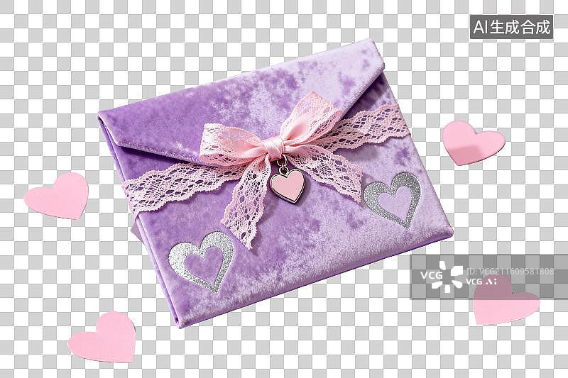 【AI数字艺术】紫色丝绒信封配蕾丝蝴蝶结与爱心装饰图片素材