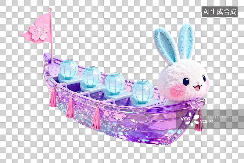 【AI数字艺术】萌兔乘紫船配灯笼樱花旗图片素材