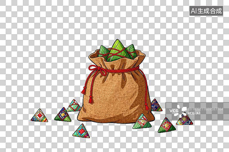 【AI数字艺术】麻袋装满粽子周围散落彩粽图片素材